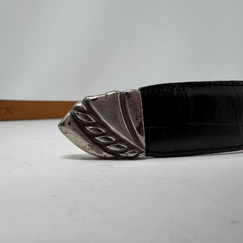 Vintage ONYX 19403 Black Leather Belt Size 28 Marked 1993 90s Silver Buckle Tip - Picture 5 of 14